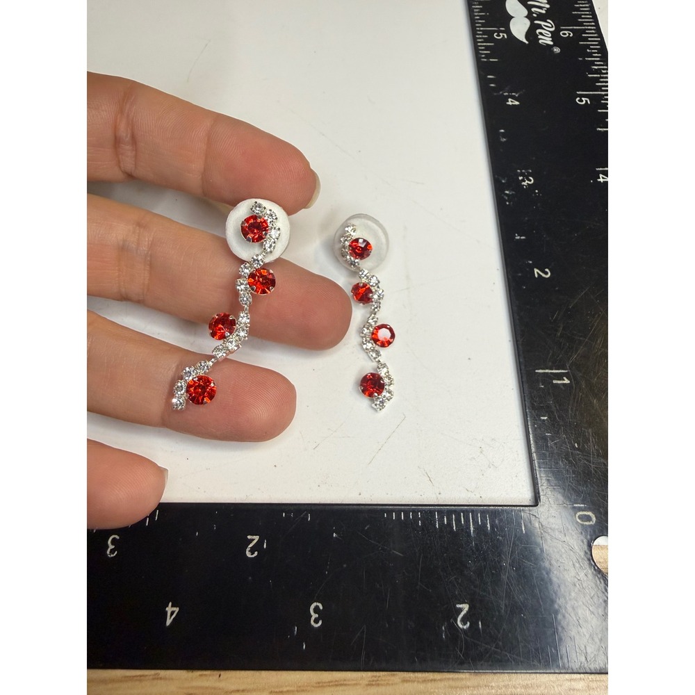 Red Rhinestone Silver Tone S-Curve Dangle Drop Earrings Formal Evening Jewelry
